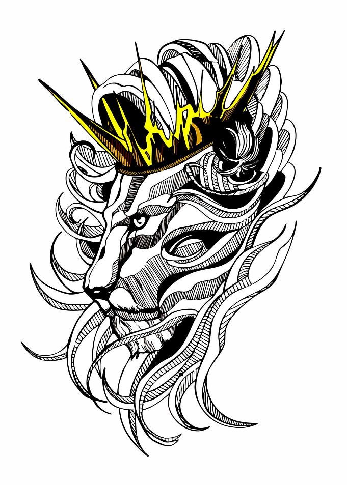 Lion with Crown Ink Drawing