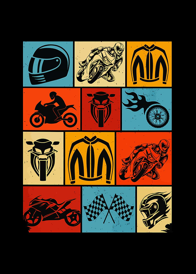Motorcycle Icons Poster – Retro Biker Grid Wall Art on Black Background