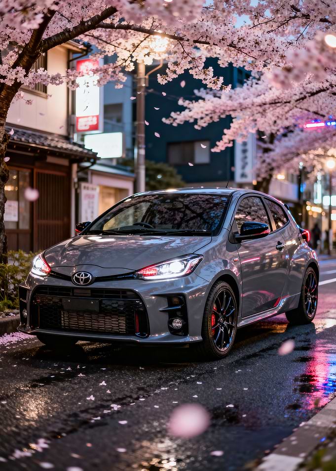 Toyota GR Yaris under Cherry Blossoms