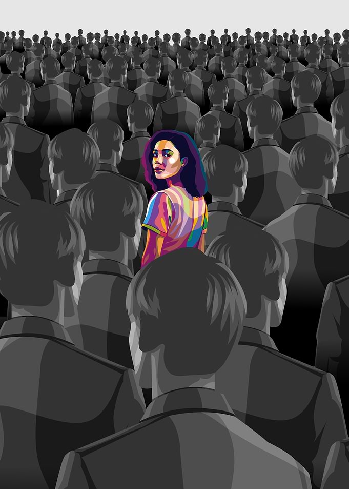Woman in Color Among Gray Crowd