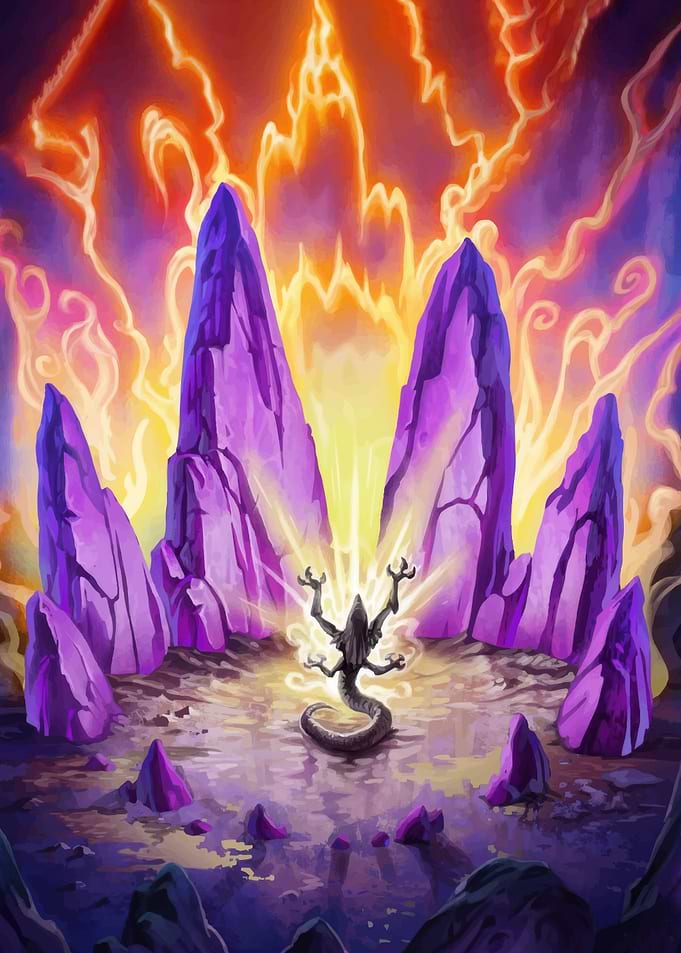 Mystical Monster Lizard Ritual in Fantasy Landscape