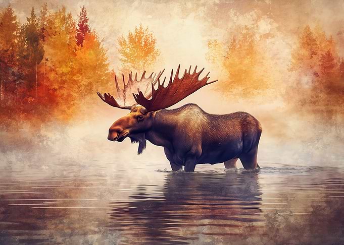 Moose in Water with Autumnal Background