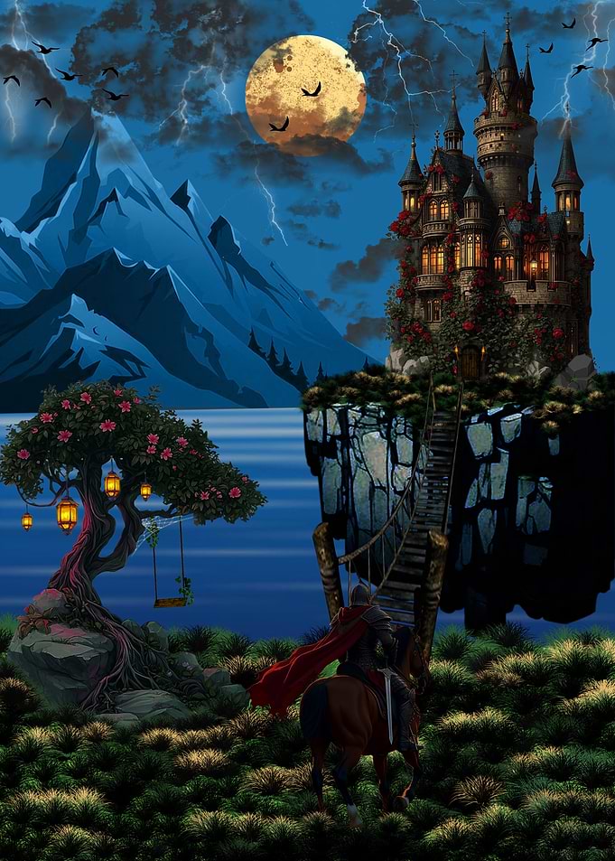 Fantasy Castle Landscape with Knight