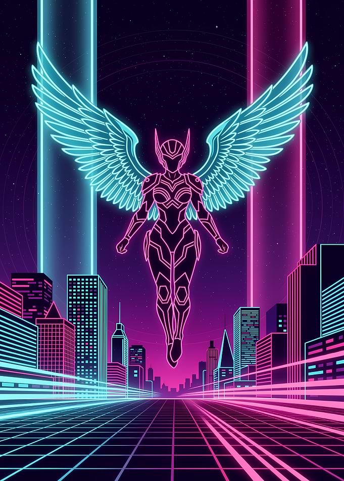 Neon Angel Over Cyberpunk City