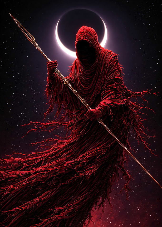 Red Hooded Figure with Spear