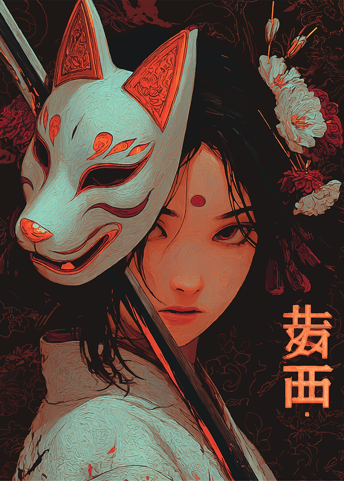 Japanese Woman with Fox Mask Art