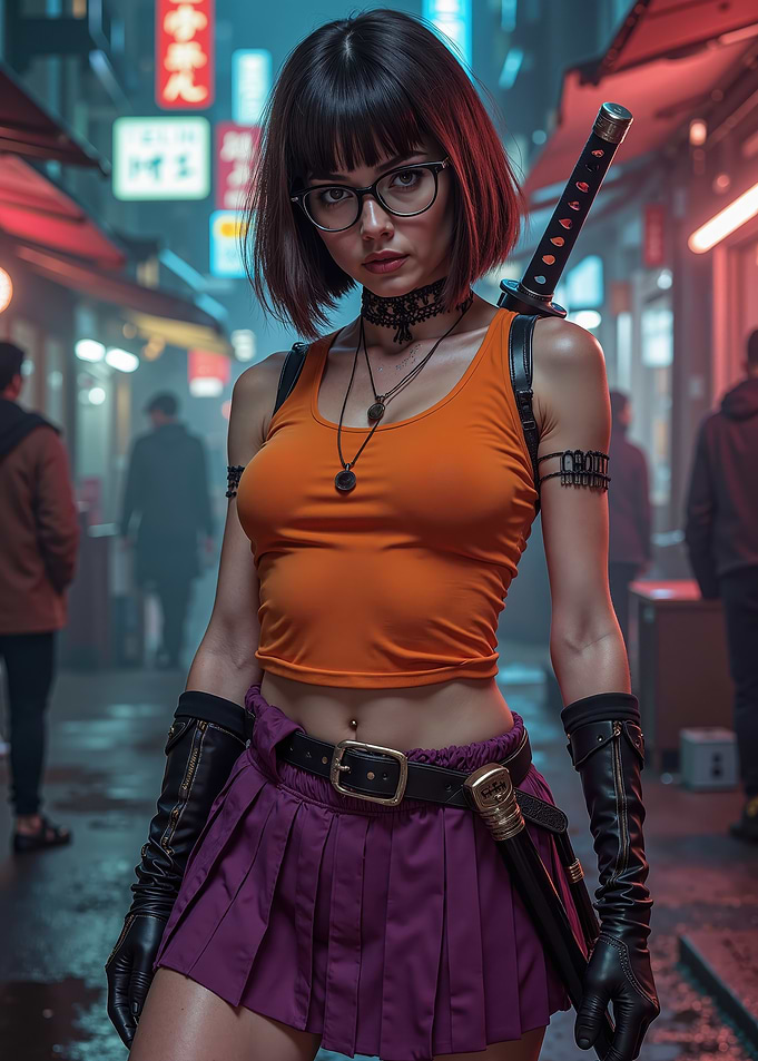 A Woman In An Orange Tank Top And Purple Skirt