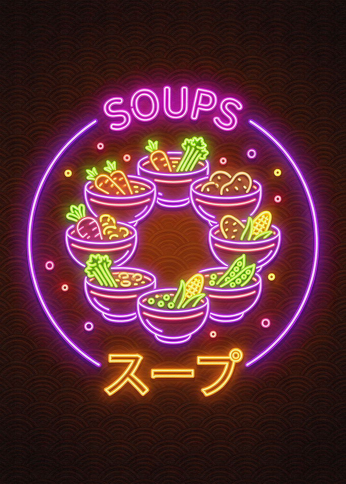 Neon Soups Sign with Japanese Text