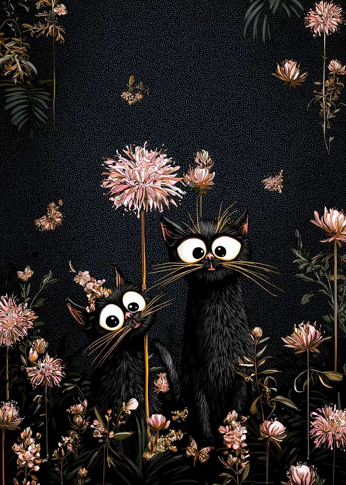 Whimsical Black Cats in Floral Garden