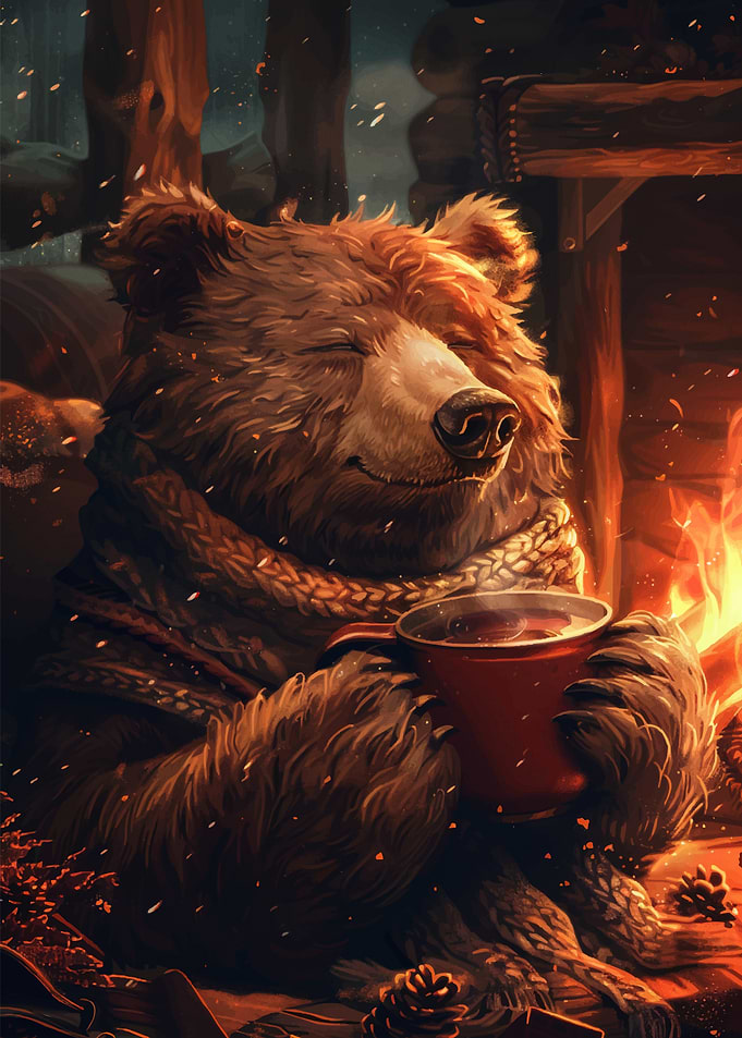 Cozy Bear by Fireplace with Hot Drink