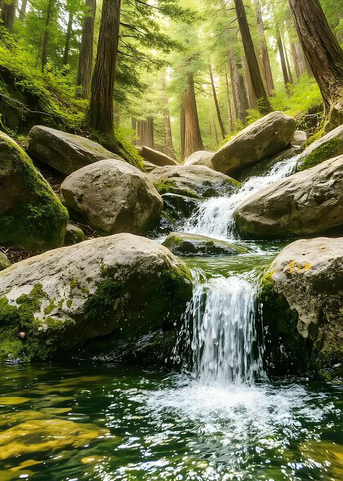 Forest Stream with Mossy Rocks