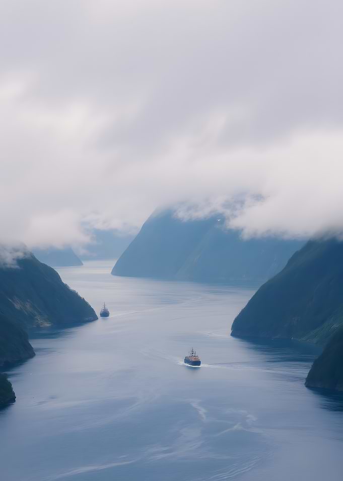 Fjord with Ships and Misty Mountains