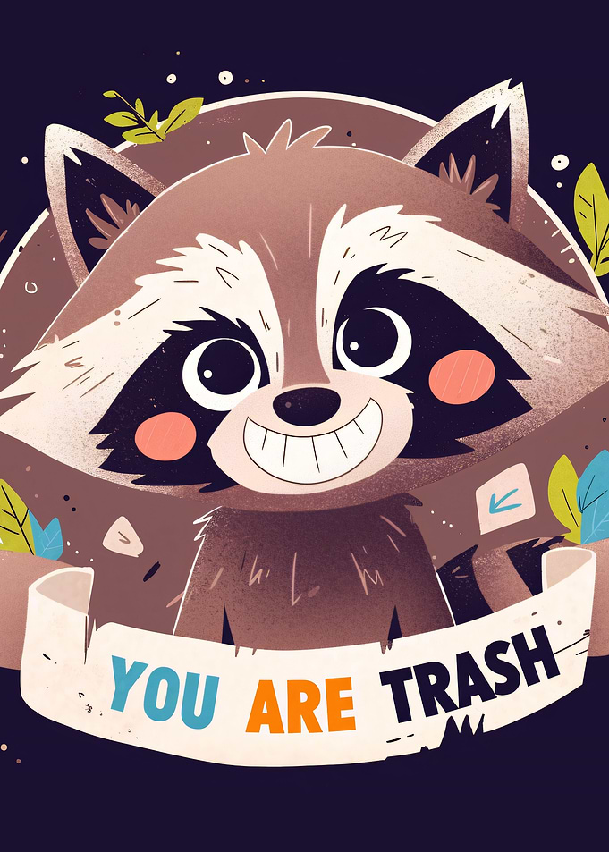 Cartoon Raccoon with 'You Are Trash' Message