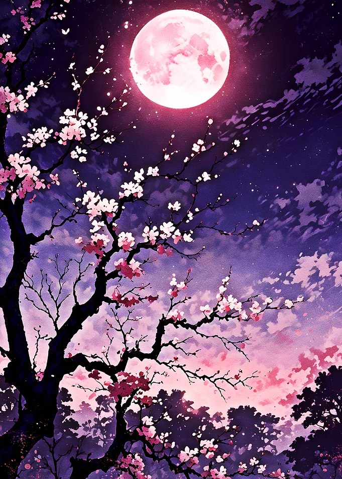 Pink Moon Cherry Blossom Night