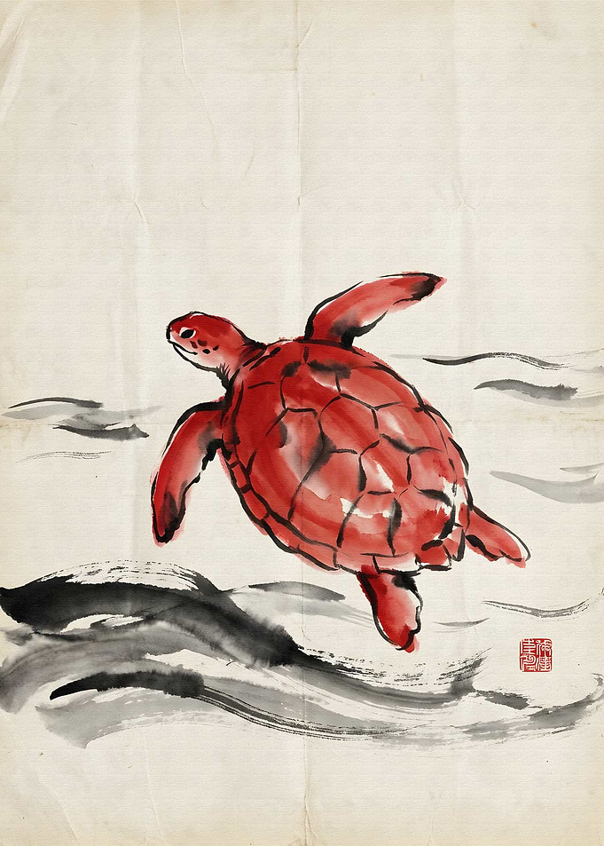 Red Turtle Ink Painting