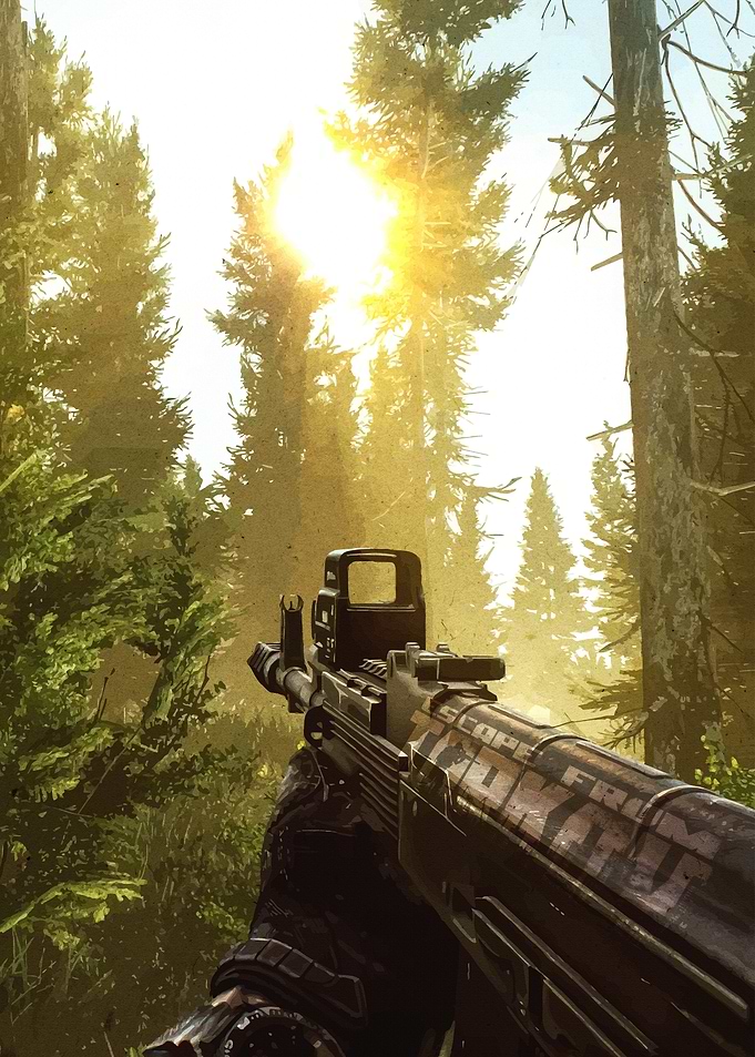 First-Person View of Rifle in Forest