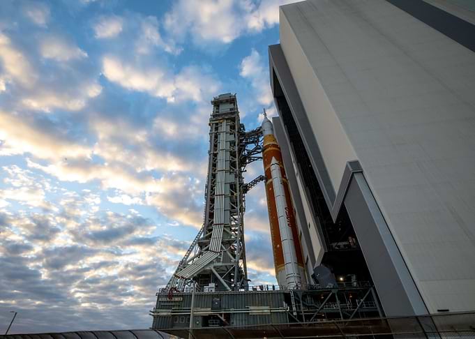 Artemis rocket on launchpad at dawn