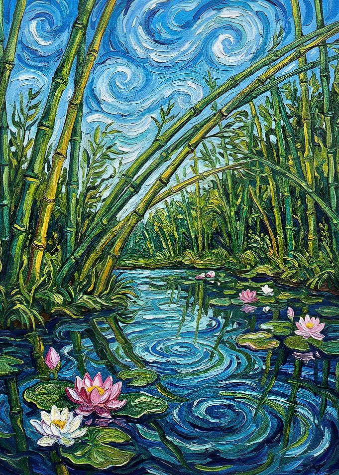 Bamboo and Water Lilies Painting