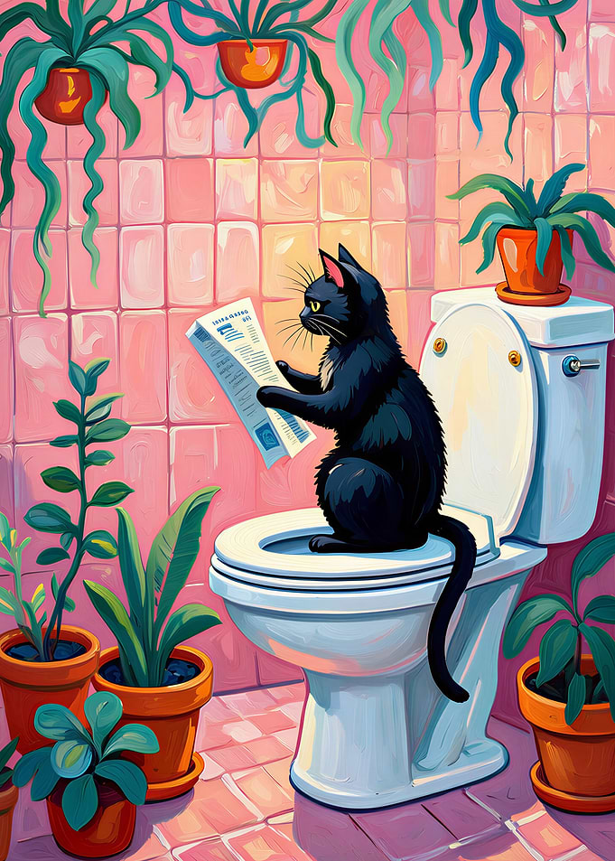 Cat Reading Newspaper on Toilet