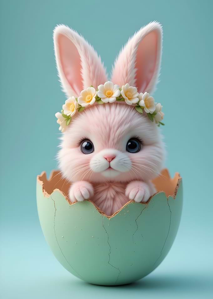 Pink Easter Bunny in Mint Eggshell with Spring Floral Crown