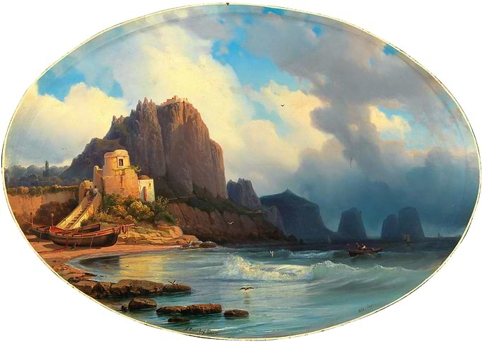 Coastal Landscape Painting with Tower