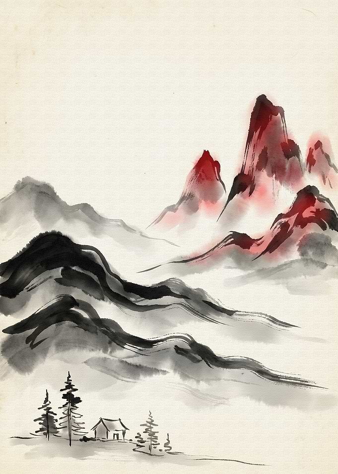 Ink Wash Painting of Mountains