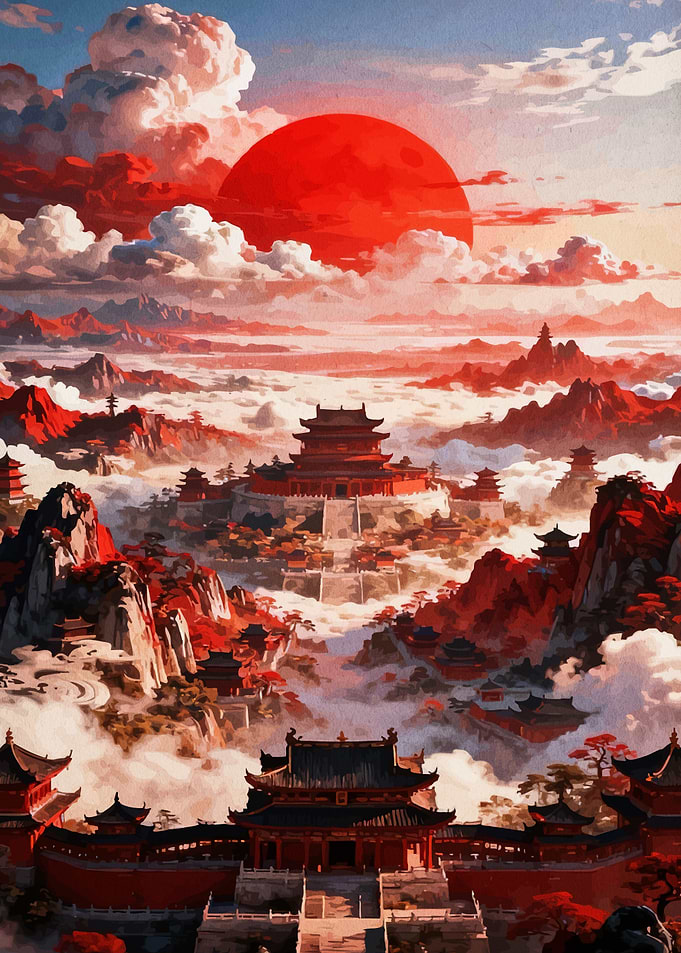 Red Asian Landscape with Temples