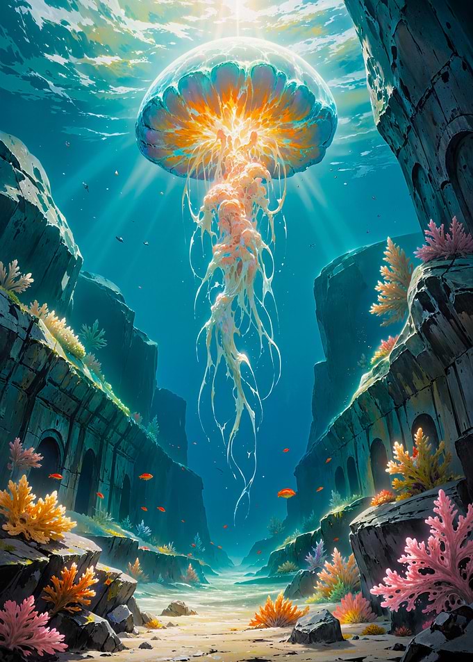 Luminous Jellyfish Drift Through Ancient Reefs