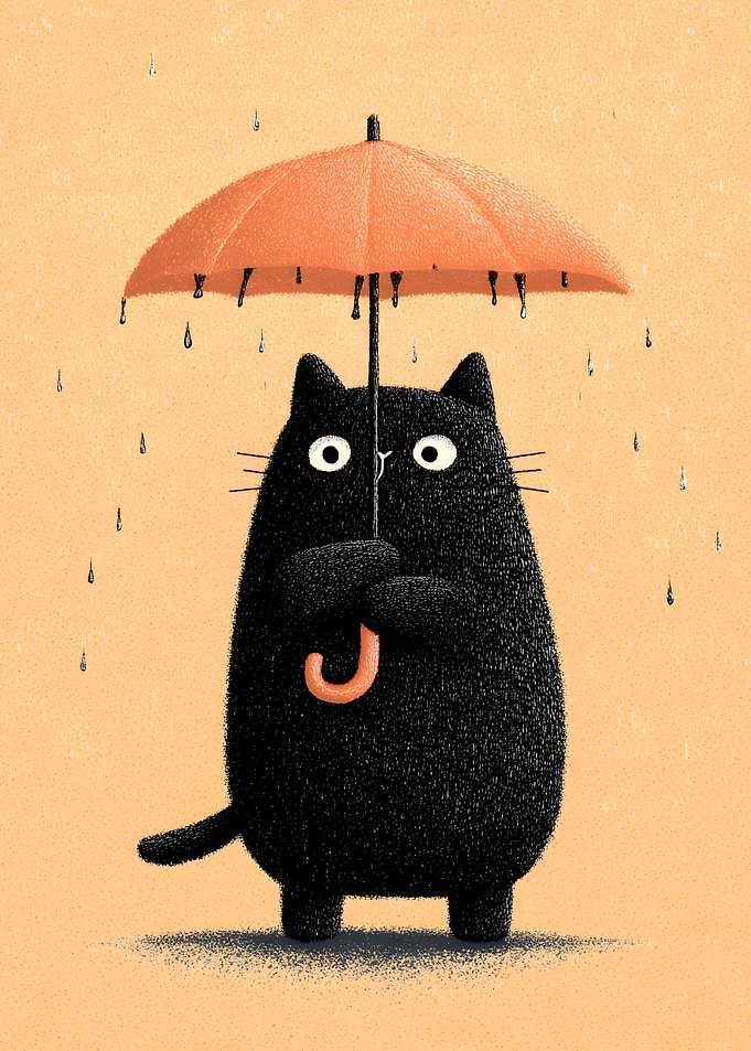 Black Cat with Orange Umbrella in Rain