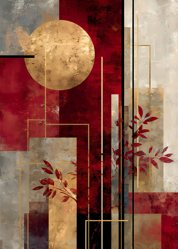 Abstract Geometric Art with Gold and Red
