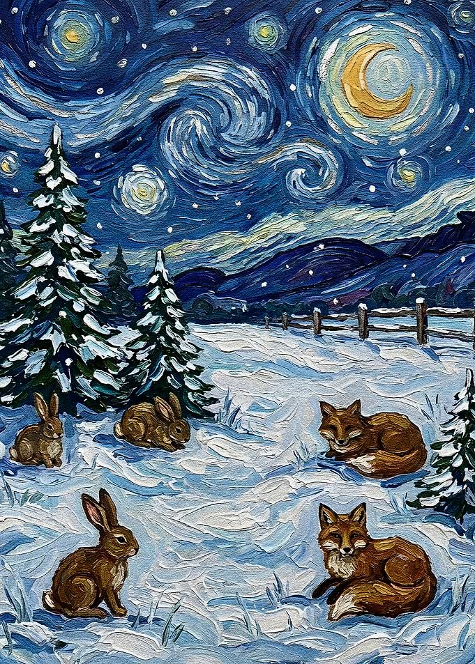 Winter Night Scene with Animals