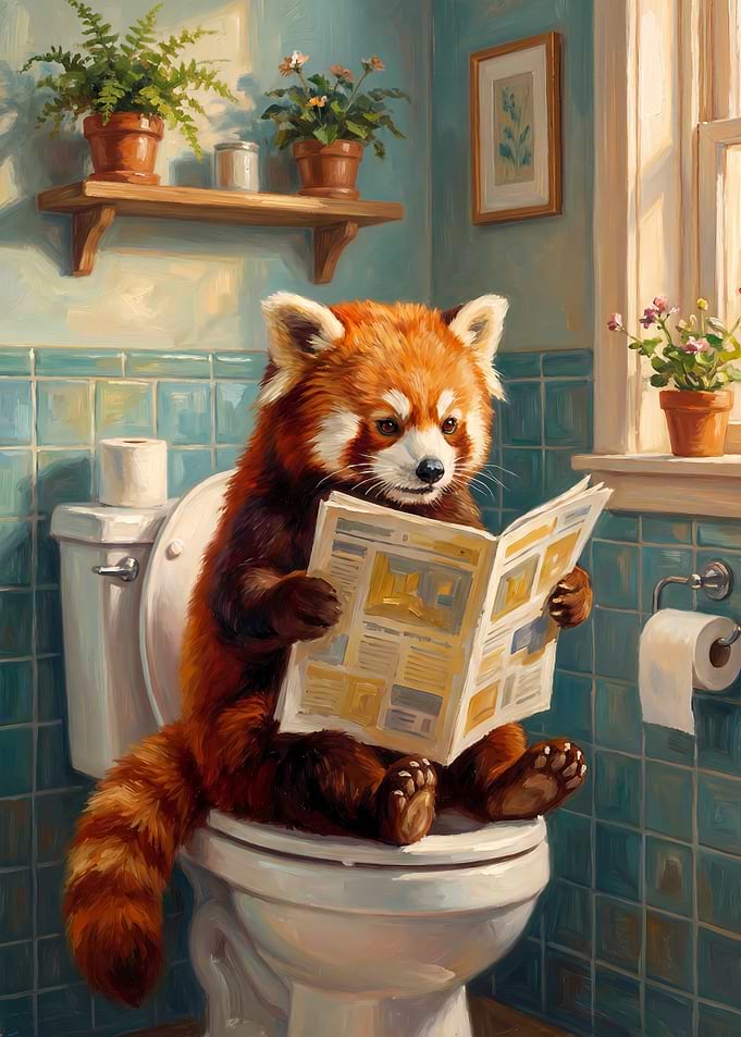 Red Panda Reading Newspaper on Toilet