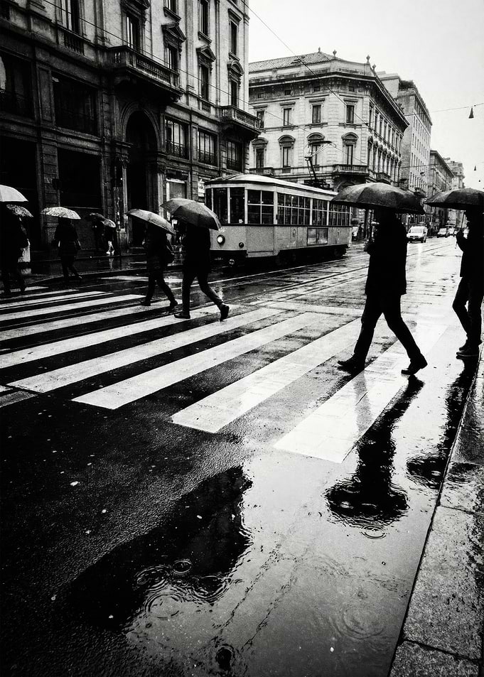 Rainy City Crossing with Tram