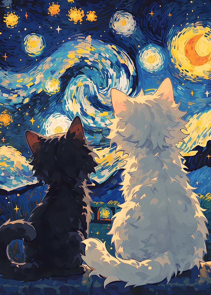 Two Cats under a Starry Night Sky