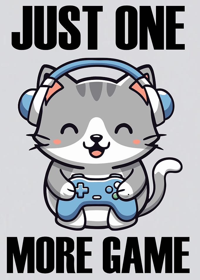 Cute Cat Gamer Cartoon Just one more Game