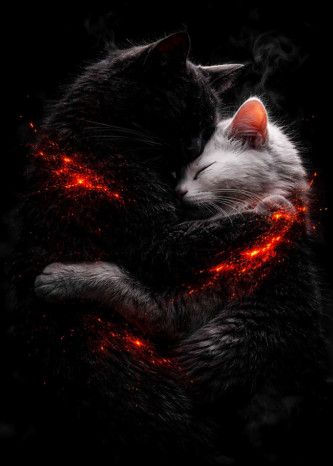 Black and White Cats Couple - Luxury Animal Wall Art - Romantic Gift Decor