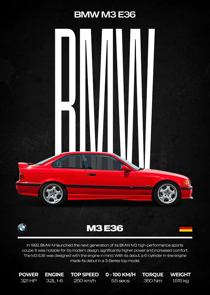 BMW M3 E36 Red Car Poster