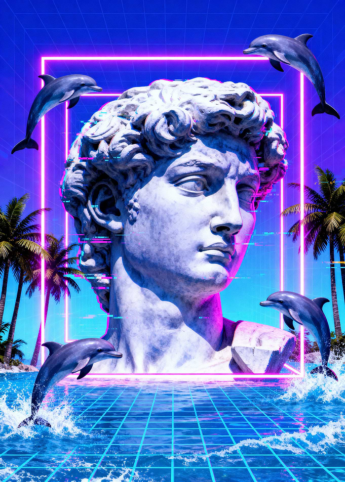 Vaporwave David Statue with Dolphins