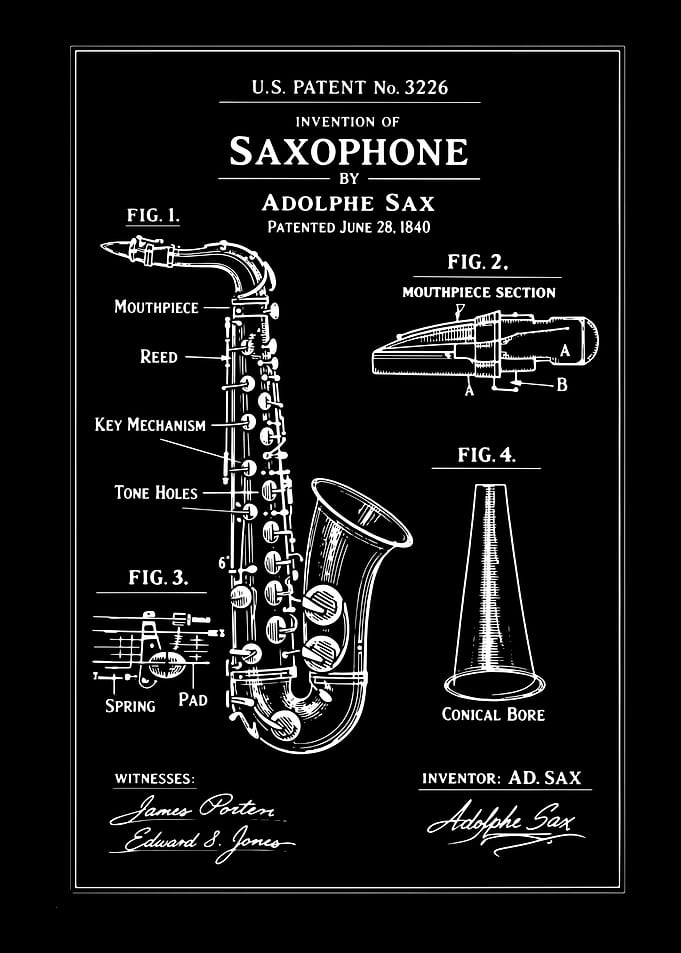 Saxophone Patent Blueprint by Adolphe Sax