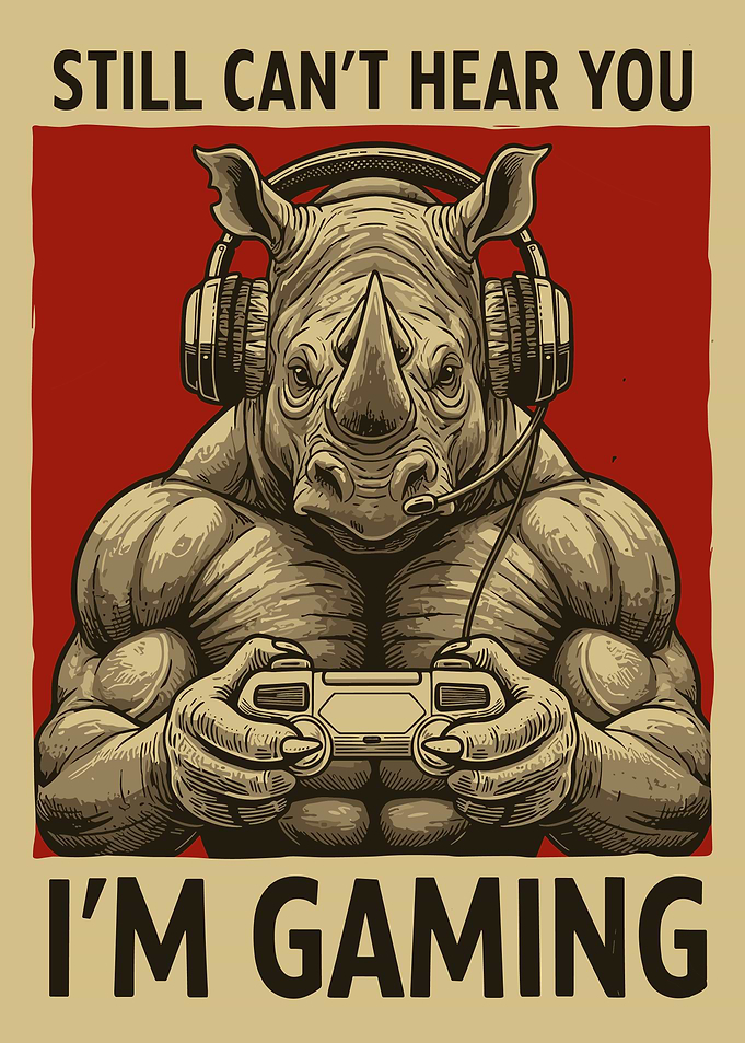 Still Can't Hear You Poster, Rhino Gaming Art, Gamer Wall Decor, Muscle Gamer Illustration