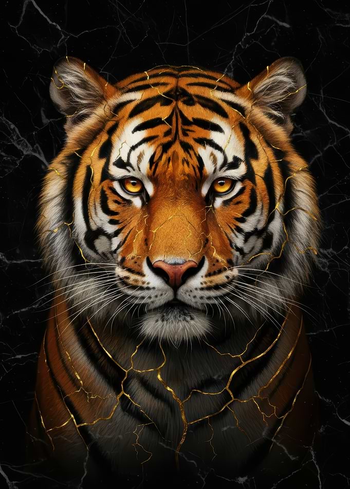 Tiger portrait with golden cracks