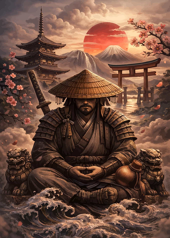 Meditating Samurai with Japanese Landscape
