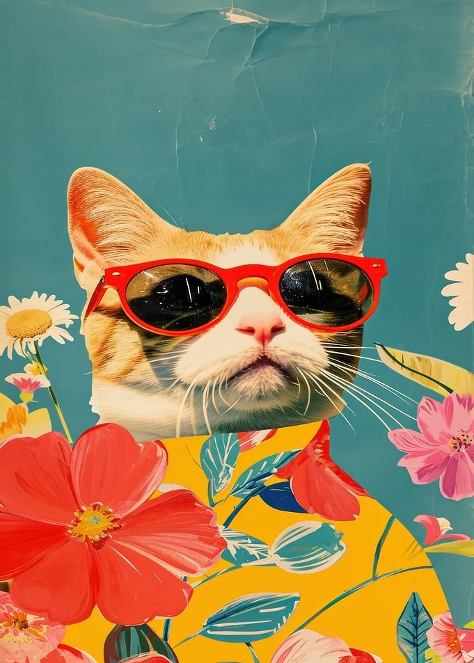Cool Cat with Sunglasses and Flowers