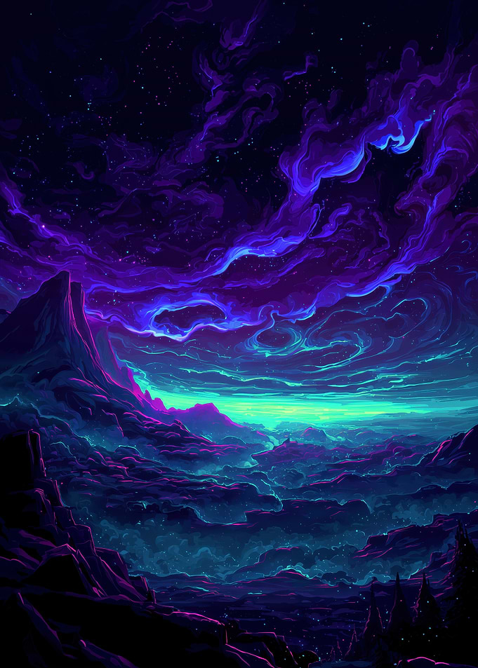 Neon Mountainscape with Cosmic Sky