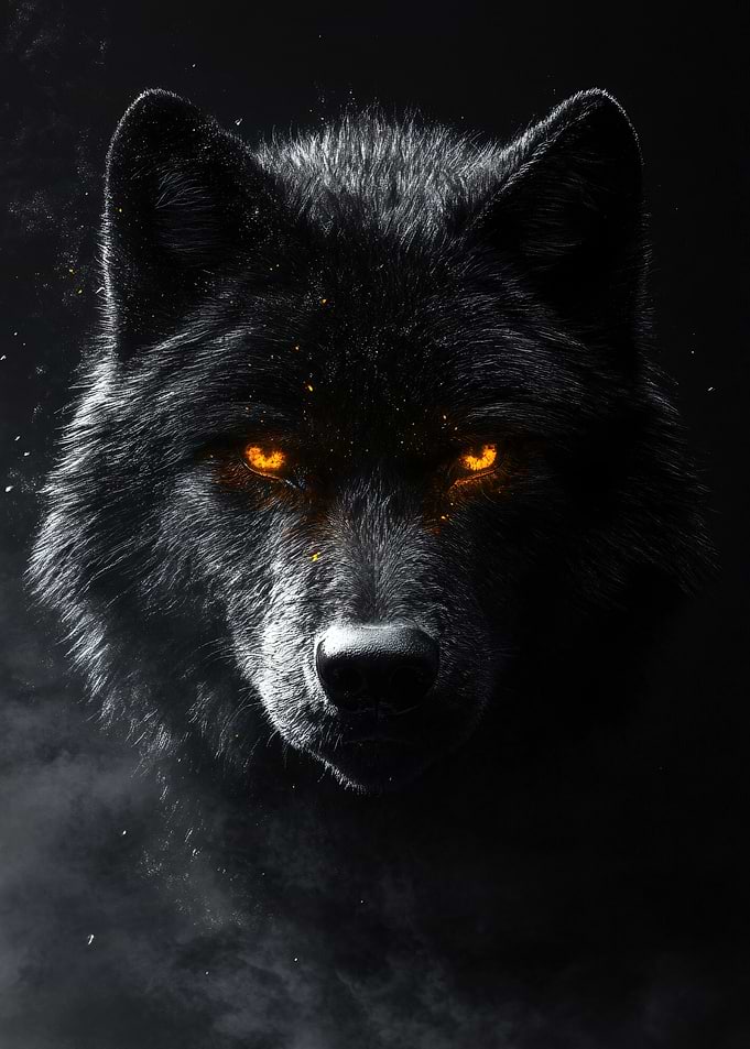 Black Wolf with Glowing Eyes Portrait