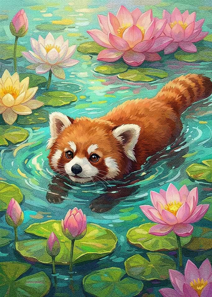 Red Panda Swimming in Lily Pond