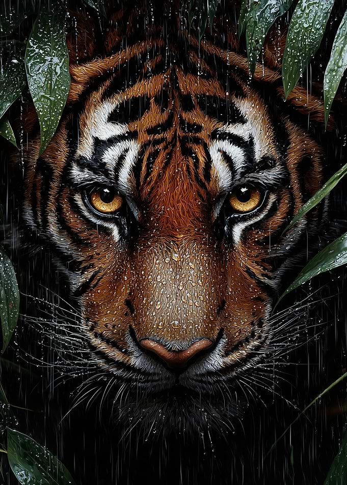 Tiger face in the rain