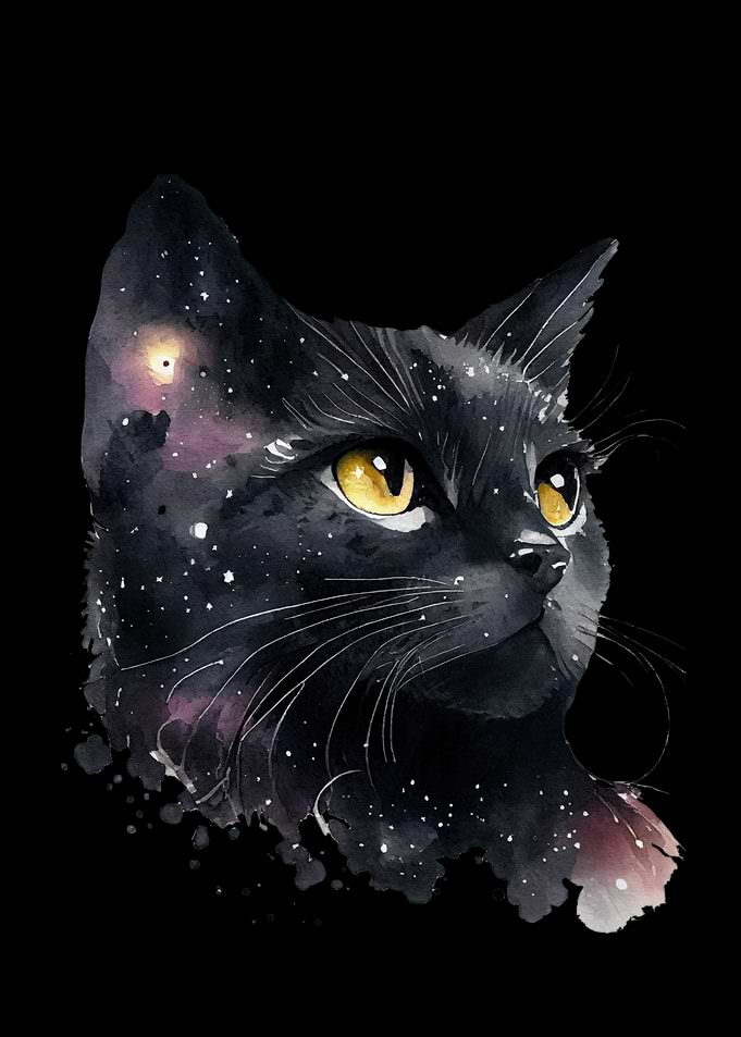 Cosmic Black Cat Watercolor Portrait