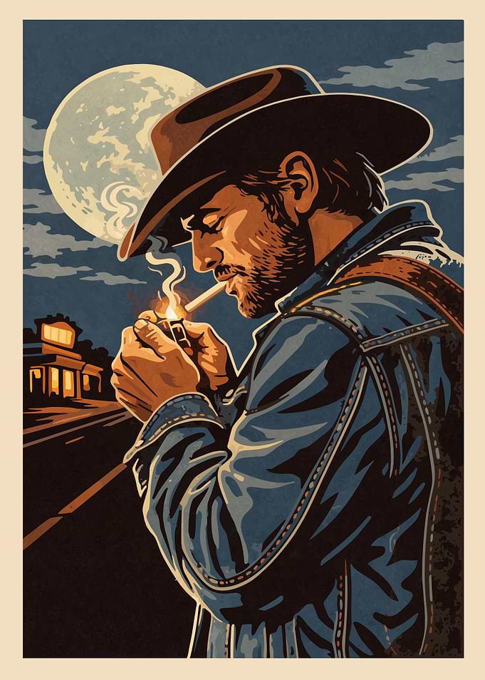Cowboy Lighting Cigarette Under Moonlight
