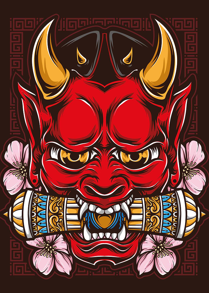 Red Oni with Cherry Blossoms